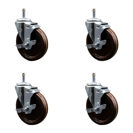 Service Caster 5'' High Temp Phenolic Swivel 7/16'' Grip Ring Stem Caster Set with Brake, 4PK SCC-GR20S514-PHSHT-TLB-716138-4